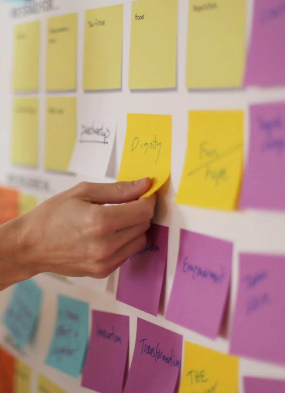 Hand pulling sticky note from wall